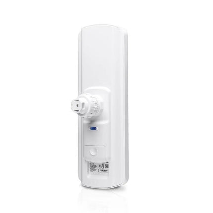 Close-up of the Ubiquiti LiteBeam ac airMAX radio unit highlighting its robust outdoor casing and integrated management radio port.