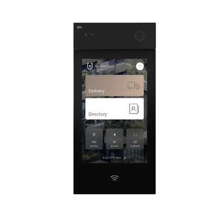 2N IP Style luxury video intercom featuring a large 10-inch glass touchscreen display and a built-in 5MP camera for secure building access.