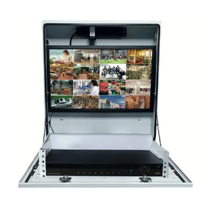 PA-WMCAB-W outdoor data lockbox showing built-in VESA mount for 24 inch monitors, air filters, and 4-way PDU.