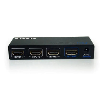3 in 1 out compact 4K HDMI switcher box with status indicator lights and manual select button  