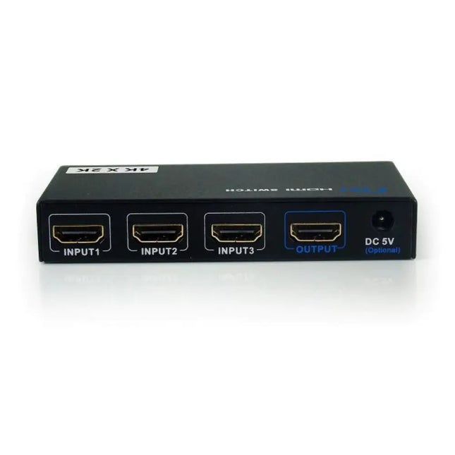 3 in 1 out compact 4K HDMI switcher box with status indicator lights and manual select button  