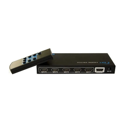 5-port HDMI switcher box with included infrared remote control and 5 input indicator lights