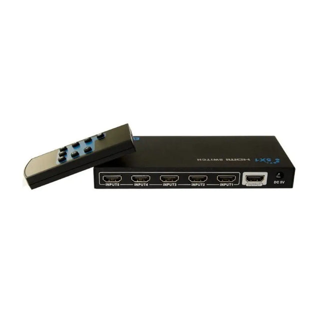 5-port HDMI switcher box with included infrared remote control and 5 input indicator lights