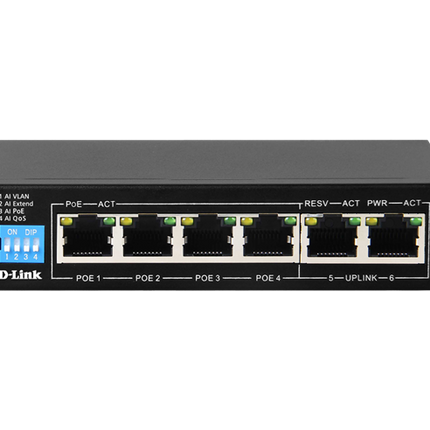 D-Link DES-F1006P-E - 6-Port 10/100Mbps PoE Switch with 4 Long Reach PoE Ports and 2 Uplink Ports. PoE Budget 60W