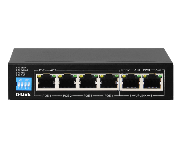 D-Link DES-F1006P-E - 6-Port 10/100Mbps PoE Switch with 4 Long Reach PoE Ports and 2 Uplink Ports. PoE Budget 60W