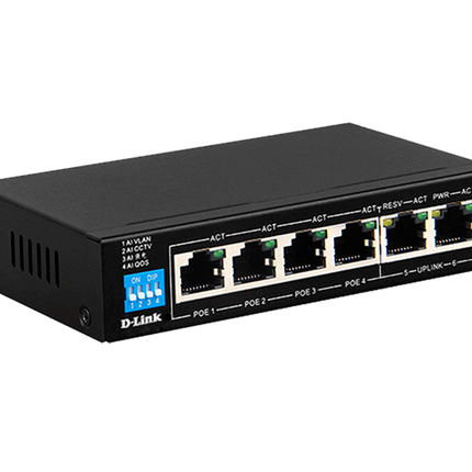 D-Link DES-F1006P-E - 6-Port 10/100Mbps PoE Switch with 4 Long Reach PoE Ports and 2 Uplink Ports. PoE Budget 60W