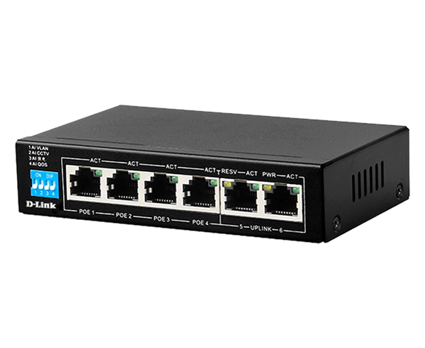 D-Link DES-F1006P-E - 6-Port 10/100Mbps PoE Switch with 4 Long Reach PoE Ports and 2 Uplink Ports. PoE Budget 60W