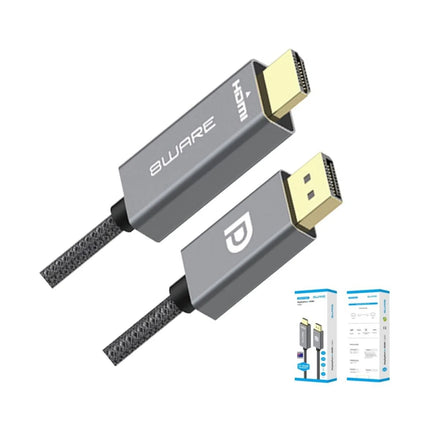 8ware 1-meter DisplayPort DP to HDMI male to male 1080p adapter cable with black nylon braided jacket.