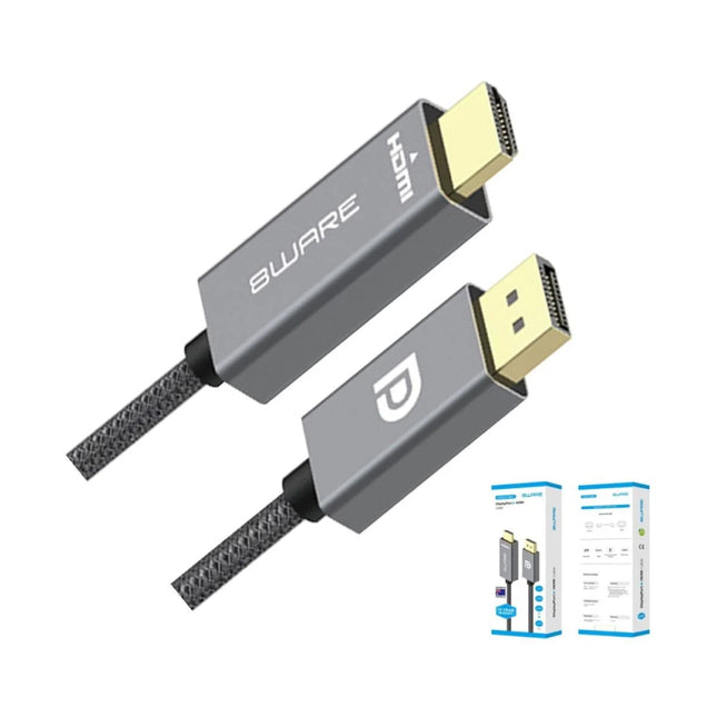 8ware 1-meter DisplayPort DP to HDMI male to male 1080p adapter cable with black nylon braided jacket.