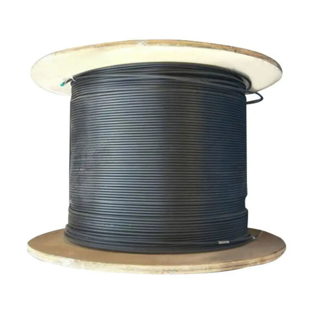 8ware 350-meter bulk wooden spool of black UV-resistant outdoor CAT6A Ethernet network cable.
