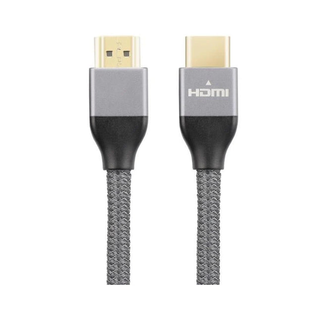 Close-up view of gold-plated male HDMI 2.0 connectors and molded strain relief on 8ware 5m cable.