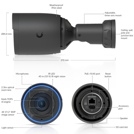Ubiquiti UniFi Protect G6 Pro Bullet UVC-G6-Pro-Bullet 4K 8MP PoE+ AI camera with 2.36x optical zoom