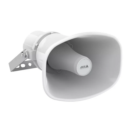 Front view of the white AXIS C1310-E Mk II all-in-one IP horn speaker highlighting its durable weatherproof casing.