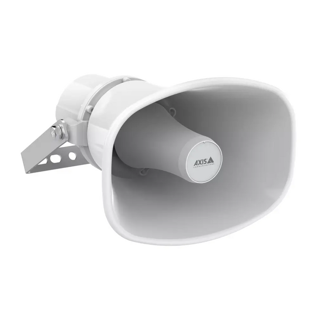 Front view of the white AXIS C1310-E Mk II all-in-one IP horn speaker highlighting its durable weatherproof casing.