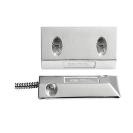 Aritech S2523 heavy-duty industrial magnetic reed switch contact with 76mm armature and armored cable for security alarm systems on roller and overhead doors.