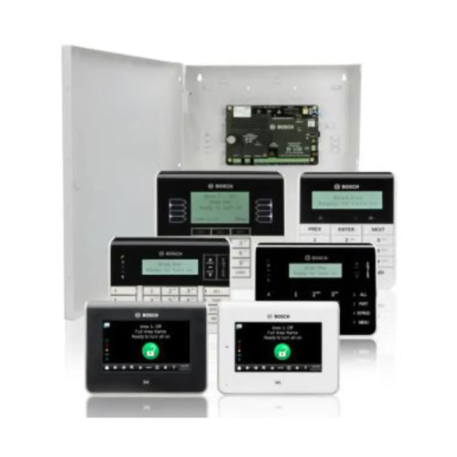 Front view of the black Bosch G-Series alarm control panel keypad featuring a digital screen and function buttons.