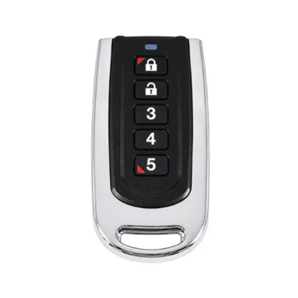 Bosch Solution 6000 wireless 5-button key fob transmitter in black and silver plastic with text on buttons for lock, unlock, 3, 4, and 5.