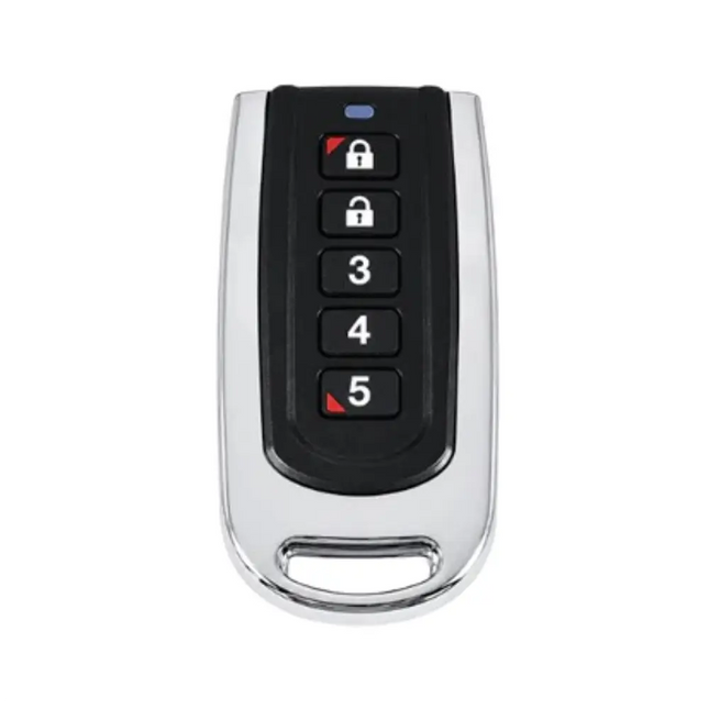 Bosch Solution 6000 wireless 5-button key fob transmitter in black and silver plastic with text on buttons for lock, unlock, 3, 4, and 5.