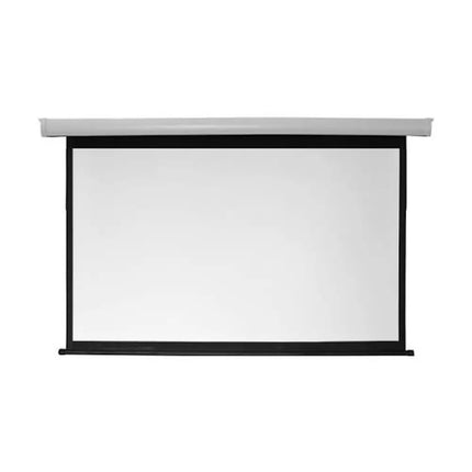 Wall and ceiling mountable Brateck 135-inch electric projection screen lowered inside a sleek white steel D-shaped housing.