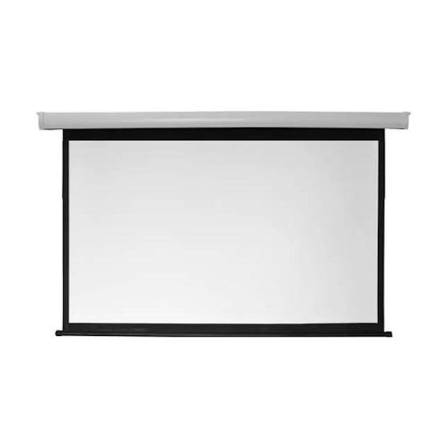 Wall and ceiling mountable Brateck 135-inch electric projection screen lowered inside a sleek white steel D-shaped housing.
