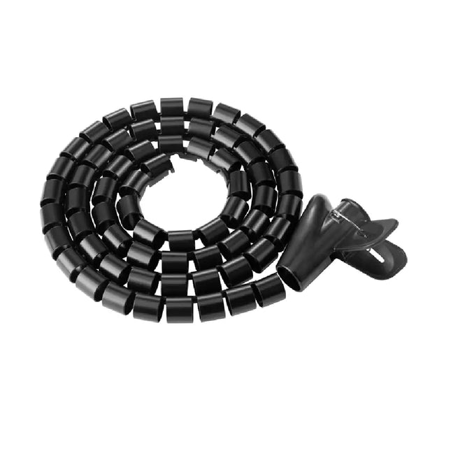 Black Brateck spiral wrap coiled tube cable sleeve made of polyethylene, 15mm diameter, used for organizing and bundling loose desk wires.