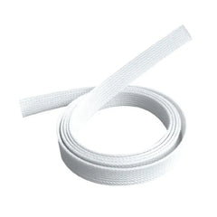 Roll of flexible white polyester braided cable management sock by Brateck, highlighting its expandable mesh design for bundling cords.