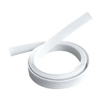Roll of flexible white polyester braided cable management sock by Brateck, highlighting its expandable mesh design for bundling cords.