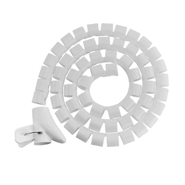 White Brateck spiral wrap coiled tube cable sleeve made of polyethylene, 30mm diameter, used for organizing and bundling multiple loose computer wires.
