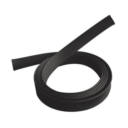 Black Brateck braided cable sleeve made of polyester fabric, 20mm in diameter, expanding to bundle and organize loose electronic cords.