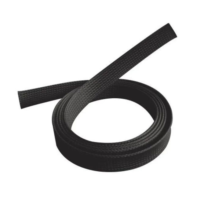 Black Brateck braided cable sleeve made of polyester fabric, 20mm in diameter, expanding to bundle and organize loose electronic cords.