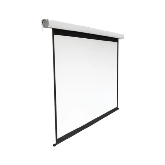 Front view of a 16:9 ratio Brateck electric projector screen showing the fiberglass matte white fabric and 4-side black masking borders.