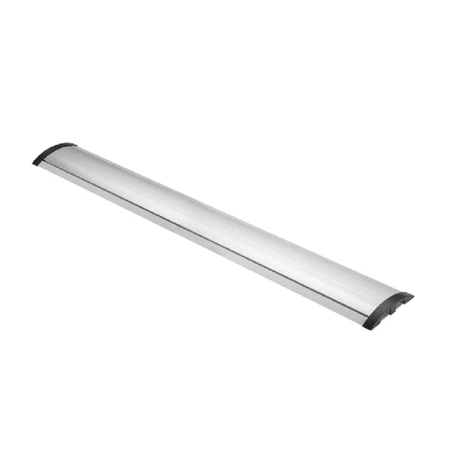Silver Brateck aluminum floor cable protector showing its double-channel design and rugged end caps on a smooth floor surface.