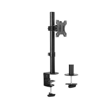 Matte black Brateck single screen articulating steel monitor arm with desk clamp, holding a 32-inch LCD monitor.