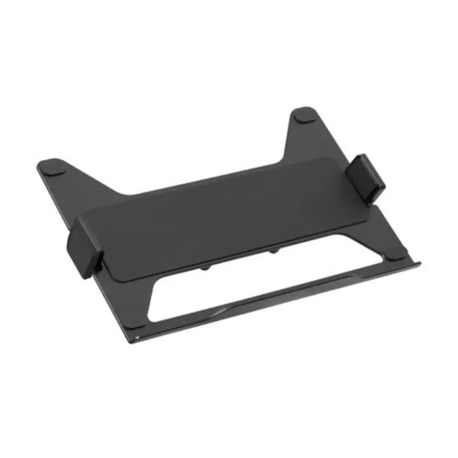 Black Brateck universal aluminum laptop holder tray attached to a VESA monitor arm, showcasing the adjustable side claws and anti-slip silicone padding.