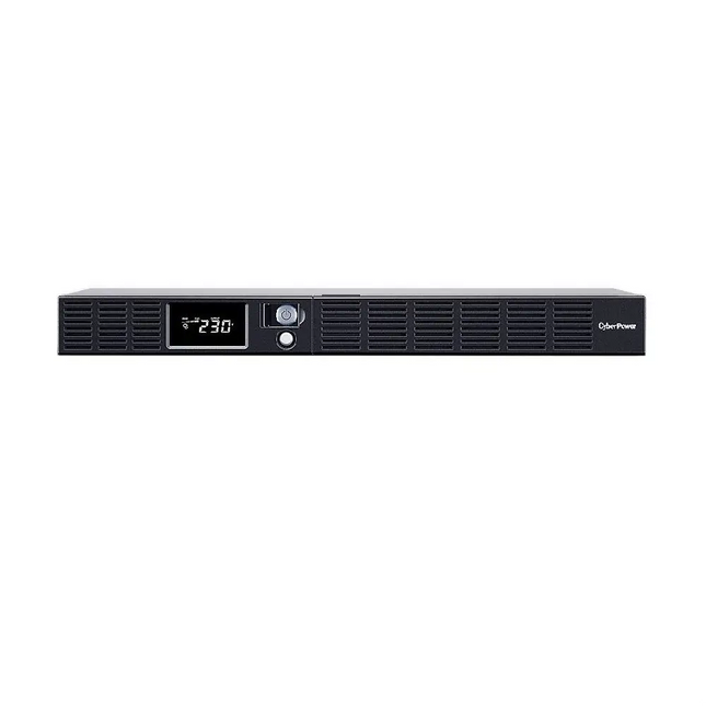 CyberPower Office Rackmount 600VA 360W line-interactive 1U UPS system (OR600ERM1U-AU) front view showing the multifunction LCD display panel.