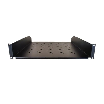 LDR 2U 300mm deep black metal cantilever fixed shelf, mounted on a standard 19-inch network rack for equipment storage.