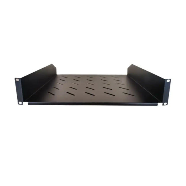 LDR 2U 300mm deep black metal cantilever fixed shelf, mounted on a standard 19-inch network rack for equipment storage.
