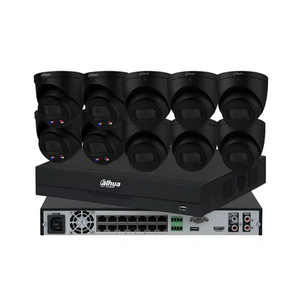 Dahua 10 x 8MP + 16CH CCTV Kit: 4 x TiOC and 6 x IR Turret Black Cameras with 16CH AI NVR