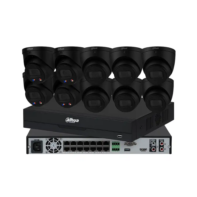 Dahua 10 x 8MP + 16CH CCTV Kit: 4 x TiOC and 6 x IR Turret Black Cameras with 16CH AI NVR