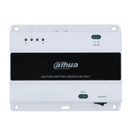 ahua 2-wire IP intercom network switch model DHI-AC-VTNS1001B-2 showing front ports and indicator lights for guide rail DIN mount.
