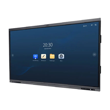Wall-mounted 65-inch Dahua interactive display in a modern meeting room, highlighting the top-integrated 4K camera and infrared 20-point touch surface.