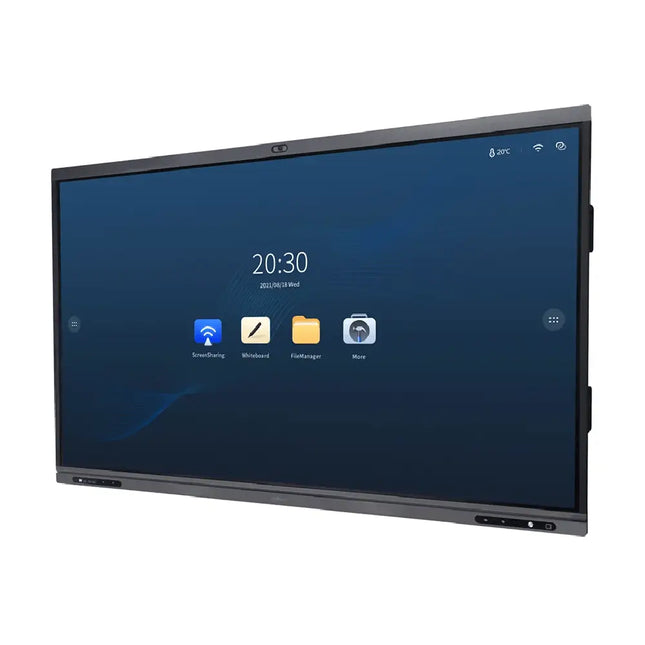 Wall-mounted 65-inch Dahua interactive display in a modern meeting room, highlighting the top-integrated 4K camera and infrared 20-point touch surface.