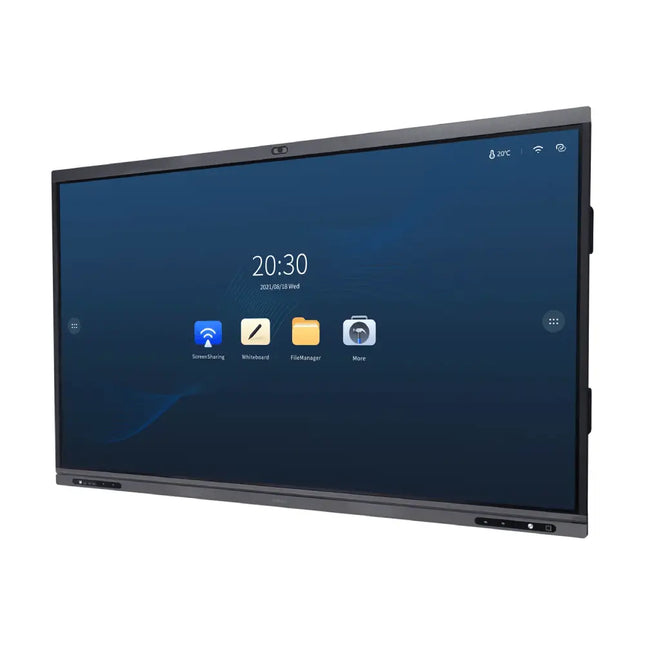 Dahua 86-inch intelligent digital whiteboard wall-mounted in a modern conference room, showcasing split-screen wireless presentation capabilities.