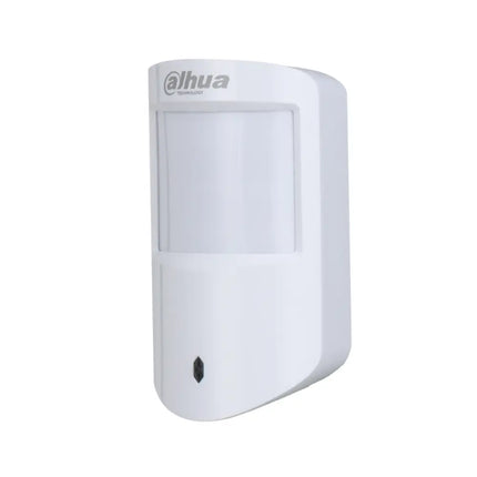 Close-up of a white Dahua wireless dual-tech PIR and microwave sensor designed to minimize false alarms.