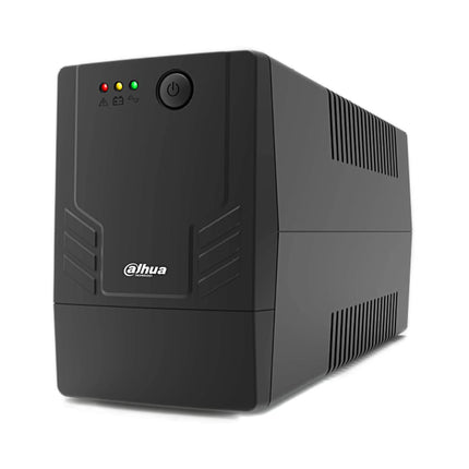 Dahua DH-PFM3350-600 600VA 360W line-interactive desktop tower UPS for CCTV — front perspective view with two Australian outlets and status indicator lights