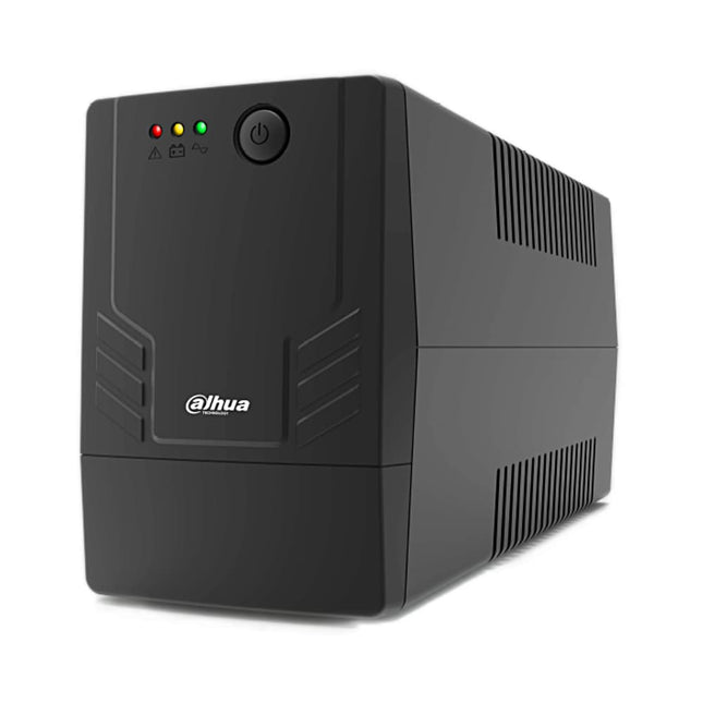 Dahua DH-PFM3350-600 600VA 360W line-interactive desktop tower UPS for CCTV — front perspective view with two Australian outlets and status indicator lights