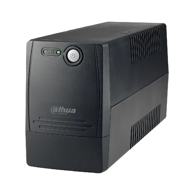 Dahua DH-PFM350-900 1500VA 900W line-interactive tower UPS front perspective view showing its matte black enclosure and status indicator lights.