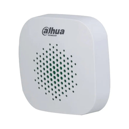 Front view of the white square Dahua DHI-ARA12-W2 wireless internal sounder featuring a green LED status indicator.