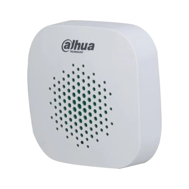 Front view of the white square Dahua DHI-ARA12-W2 wireless internal sounder featuring a green LED status indicator.