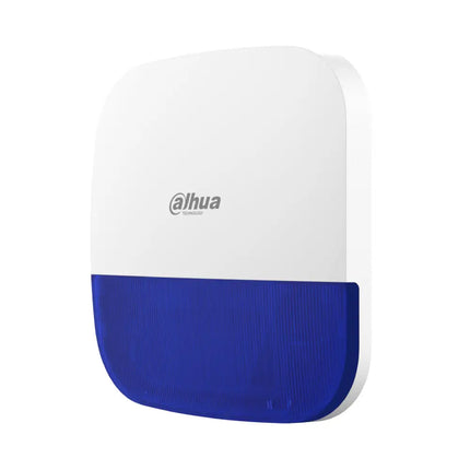 Front view of the white wall-mounted Dahua DHI-ARA13-W2 wireless outdoor siren showing its integrated alarm strobe lens.